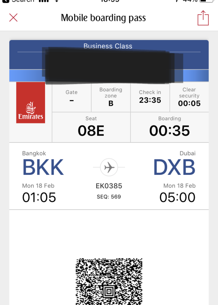 Emirates A380 business class boarding pass for flight EK385 from Bangkok to Dubai, overnight departure in seat 08E